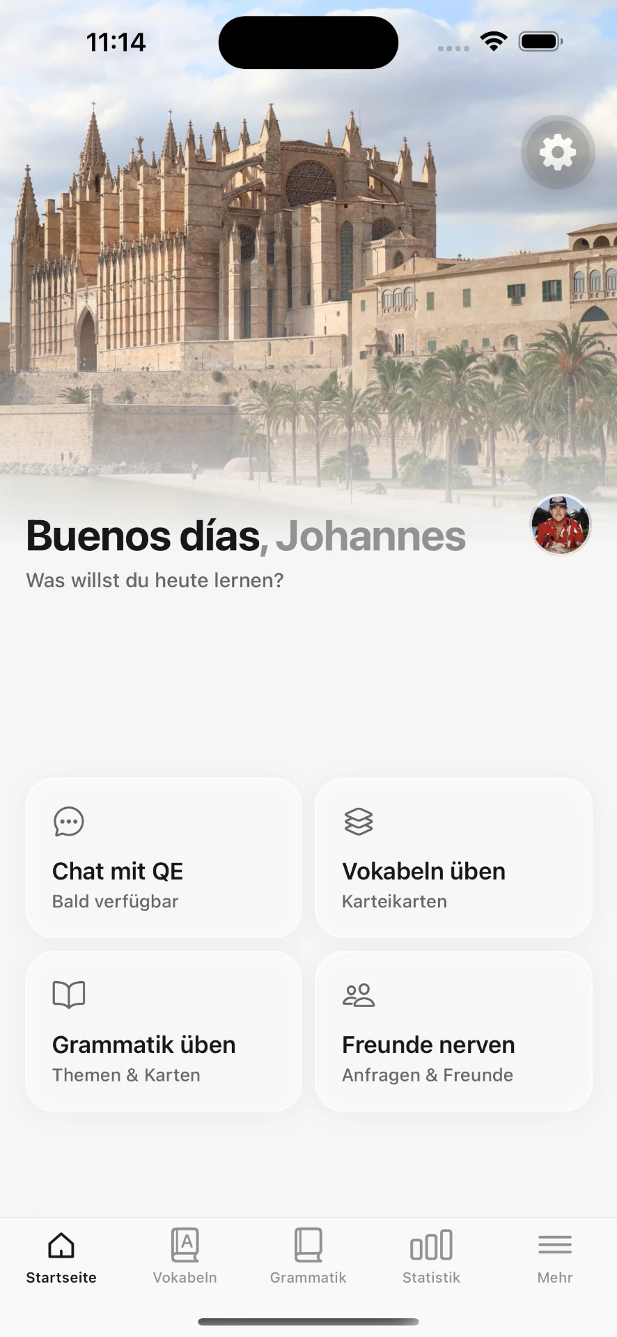 Startseite mit Chat, Vokabeln, Grammatik und Freunde