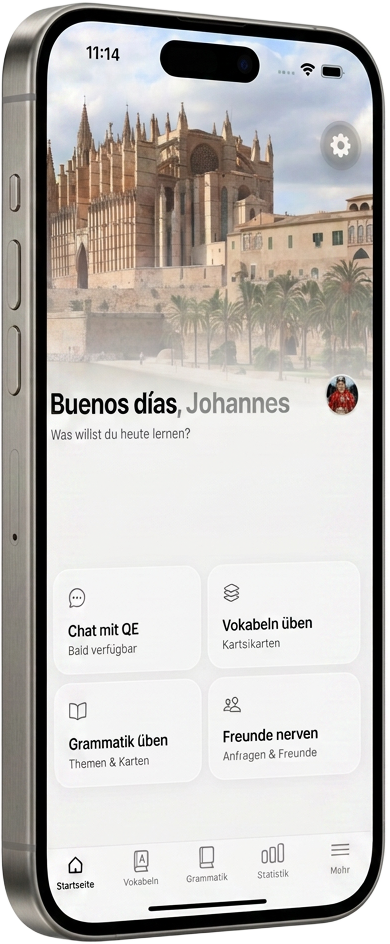 3D-Render eines iPhones mit der Startseite der Quiero Español App